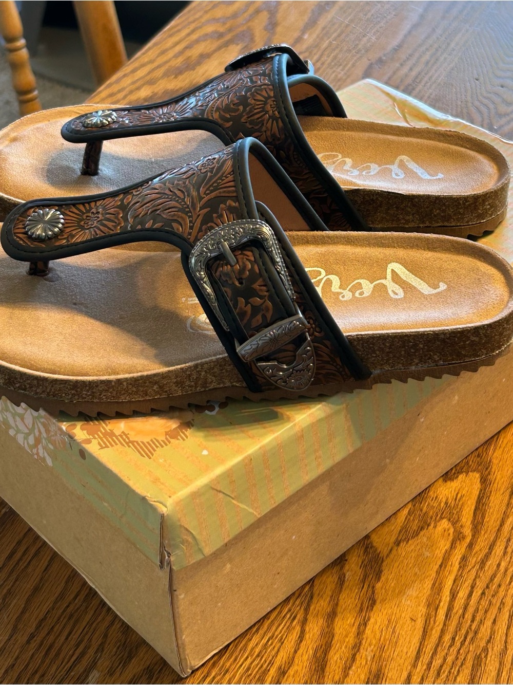 Very G Brown Embossed Buckle Western Sandals NWT